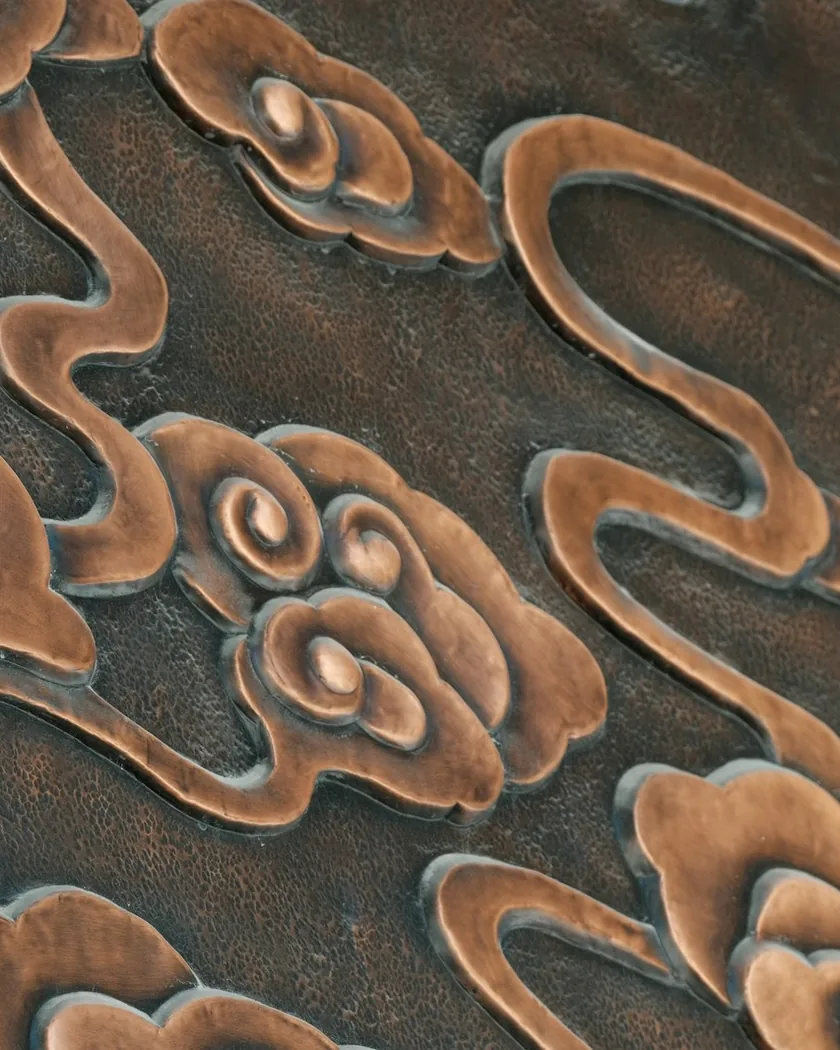 Detalle de un relieve en metal con formas curvas levantadas sobre un fondo matizado y oscurecido